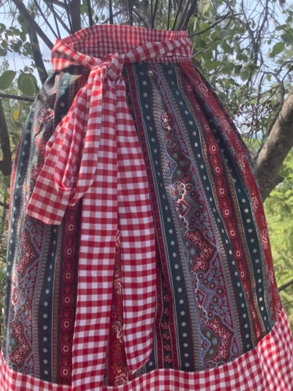 Red Check Straps Green Floral Stripe Apron Costume Kitchen Peasant Oktoberfest